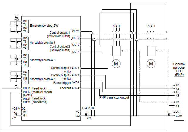 Customization example, based on logic No.1 Overall stop control (Manual reset, when input 3 to 8 are changed to devices with 1NC / 1NO)