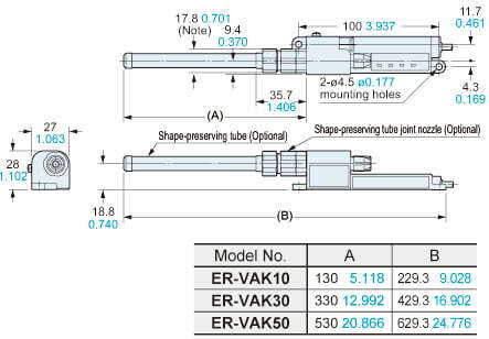 Mounting drawing with shape-preserving tube and joint nozzle (ER-VAK□, ER-VAJK, Optional)